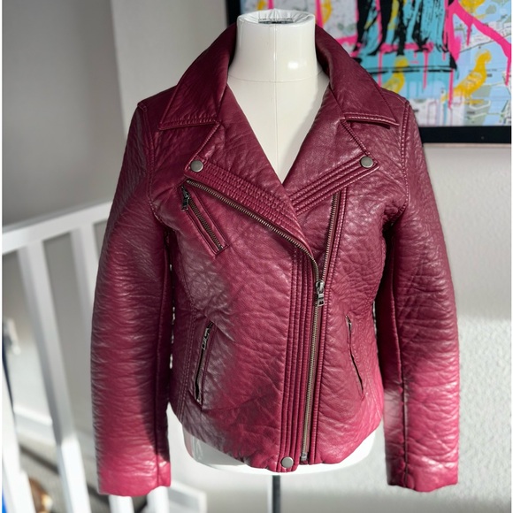 Maroon / Burgundy Vegan Leather Moto Jacket - Picture 2 of 6